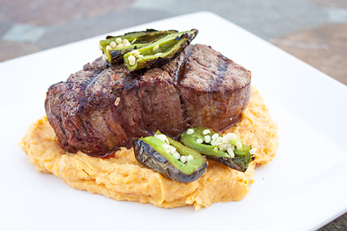 Grilled Filet Mignon Over Goat Cheese-Sweet Potato Puree